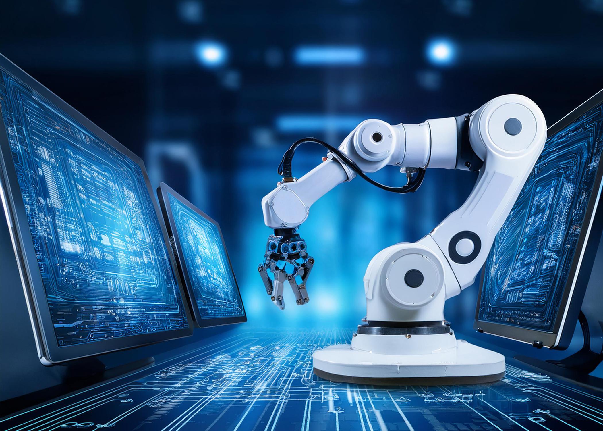 Robotic arm with computer monitors displaying circuit patterns